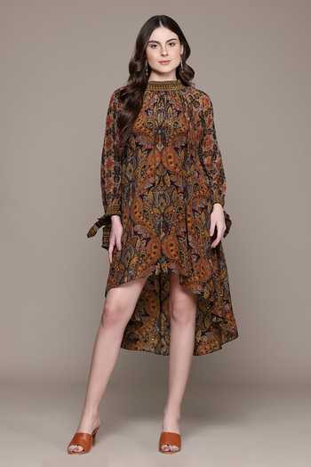 Shop_Ritu Kumar_Brown Crepe, Viscose Crew Neck Paisley Print Dress _Online_at_Aza_Fashions
