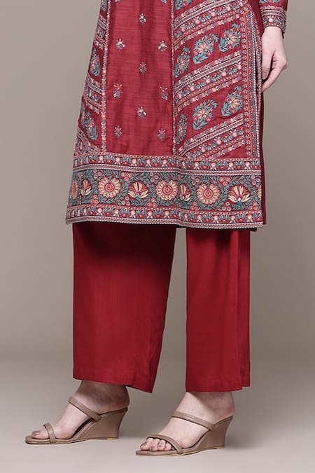 Buy_Ritu Kumar_Red Chanderi, Viscose, Rayon Embroidery, Tassels Round Kimiko Printed Kurta Set _Online_at_Aza_Fashions