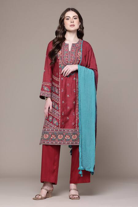 Shop_Ritu Kumar_Red Chanderi, Viscose, Rayon Embroidery, Tassels Round Kimiko Printed Kurta Set _Online_at_Aza_Fashions