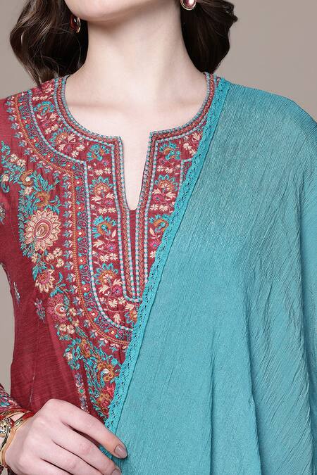 Shop_Ritu Kumar_Red Chanderi, Viscose, Rayon Embroidery, Tassels Round Kimiko Printed Kurta Set 