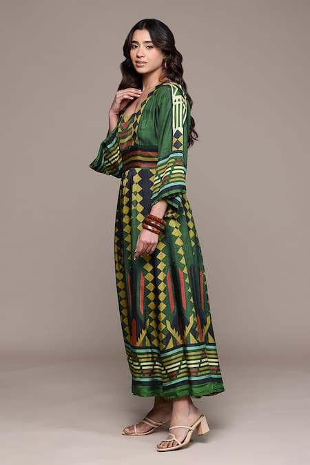Buy_Ritu Kumar_Green Viscose, Dupion Square Neck Klim Geometric Print Long Dress _Online_at_Aza_Fashions
