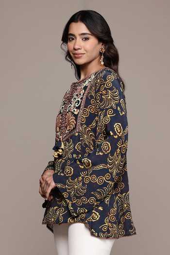 Ritu Kumar_Gold Viscose Embroidery, Tassels Round Neck Aplooza Art Deco Print Short Kurta _Online_at_Aza_Fashions