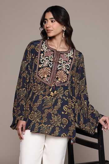 Buy_Ritu Kumar_Gold Viscose Embroidery, Tassels Round Neck Aplooza Art Deco Print Short Kurta _Online_at_Aza_Fashions