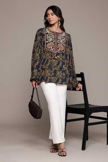 Shop_Ritu Kumar_Gold Viscose Embroidery, Tassels Round Neck Aplooza Art Deco Print Short Kurta _Online_at_Aza_Fashions