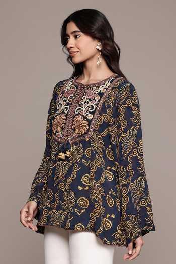 Ritu Kumar_Gold Viscose Embroidery, Tassels Round Neck Aplooza Art Deco Print Short Kurta _at_Aza_Fashions