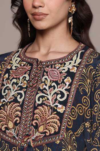 Buy_Ritu Kumar_Gold Viscose Embroidery, Tassels Round Neck Aplooza Art Deco Print Short Kurta 