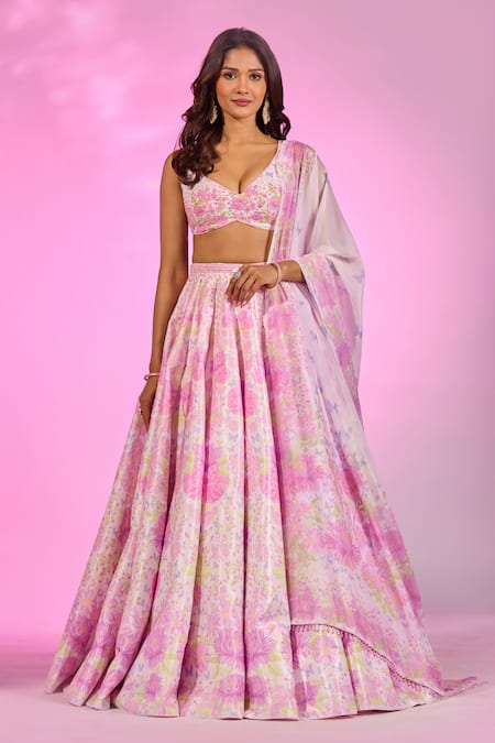 Label Priyanka Kar Flower Print Baby Pink Lehenga Set 