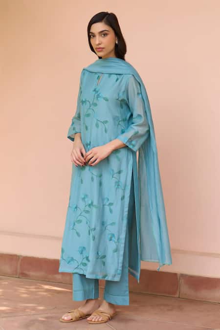 Vaayu_Blue Cotton, Muslin Embroidery, Tassels Keyhole Neck Powder Kurta Set _Online_at_Aza_Fashions