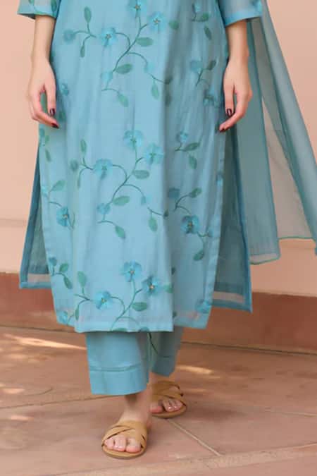 Shop_Vaayu_Blue Cotton, Muslin Embroidery, Tassels Keyhole Neck Powder Kurta Set _Online_at_Aza_Fashions