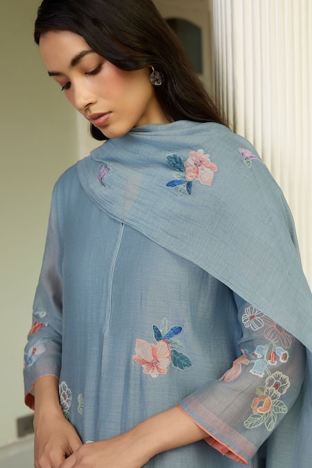 Shop_Vaayu_Blue Cotton, Muslin Applique Round Neck Mist Kurta Set _Online_at_Aza_Fashions