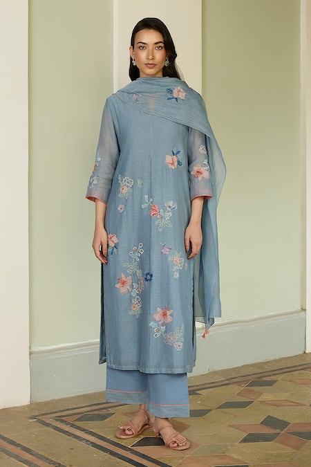 Vaayu Mist Blue Applique Kurta Set 