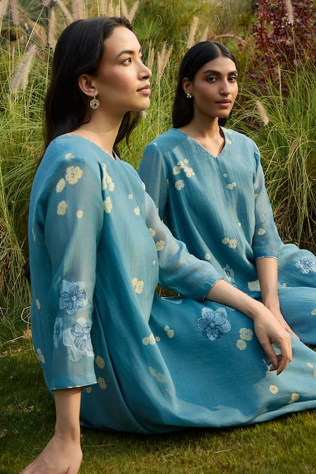 Buy_Vaayu_Blue Cotton, Muslin Applique Round Neck, Yes Ocean Kurta Set 