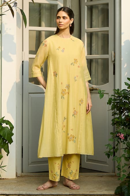 Shop_Vaayu_Yellow Cotton, Muslin Embroidery Round Neck Lemon Bloom Kurta Set _Online_at_Aza_Fashions