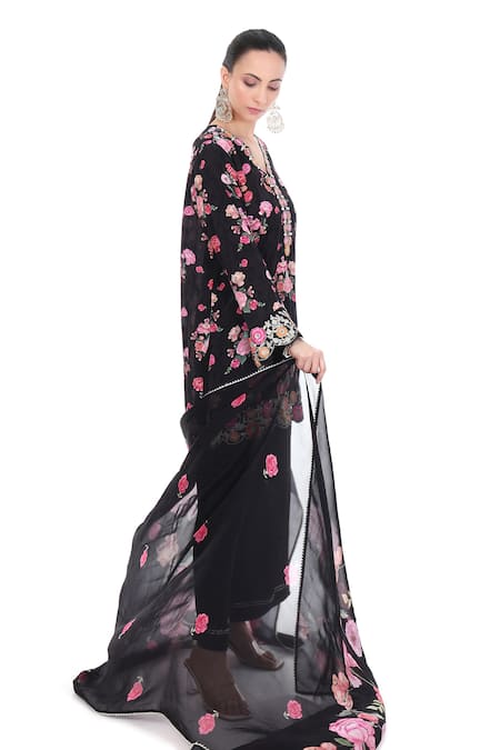 Shop_Tanu Malhotra_Black Crepe, Organza Embroidery, Lace V-neck Bloom Print Kurta Set _Online_at_Aza_Fashions