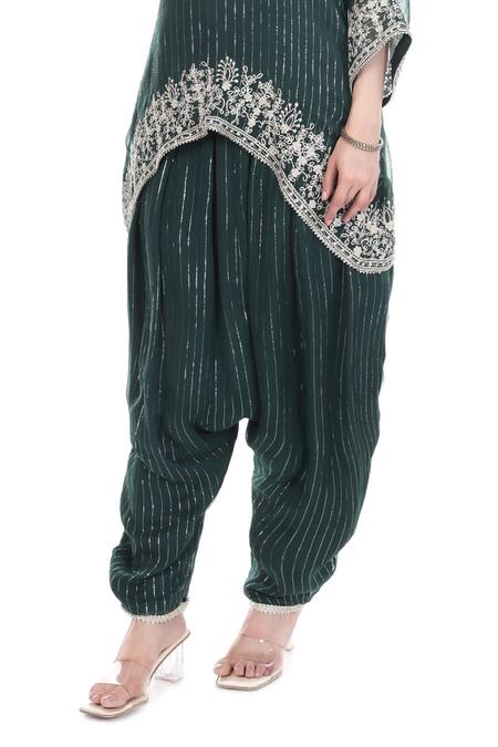 Tanu Malhotra_Green Lurex, Shantoon Embroidery Round Neck Yoke Kaftan Set _at_Aza_Fashions