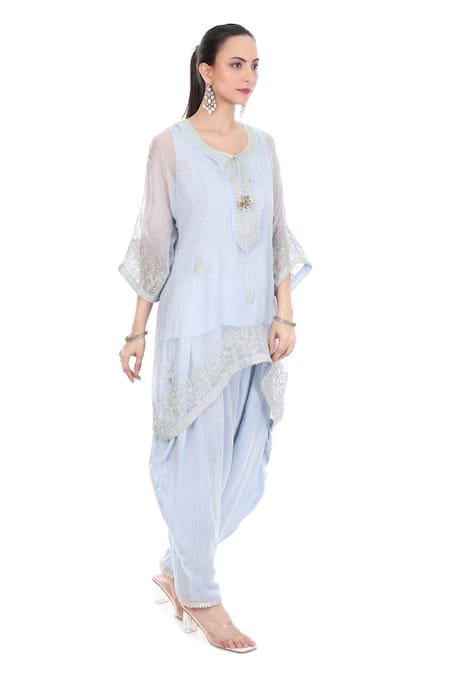 Buy_Tanu Malhotra_Blue Lurex, Shantoon Zari Round Neck Tonal Embroidered Kaftan Set _Online_at_Aza_Fashions
