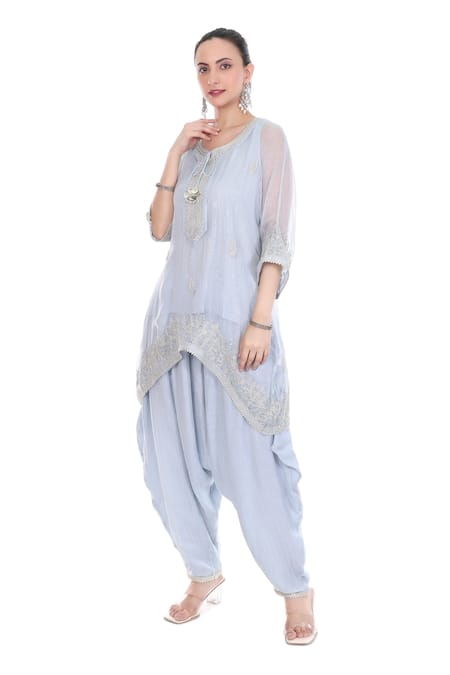Shop_Tanu Malhotra_Blue Lurex, Shantoon Zari Round Neck Tonal Embroidered Kaftan Set _Online_at_Aza_Fashions