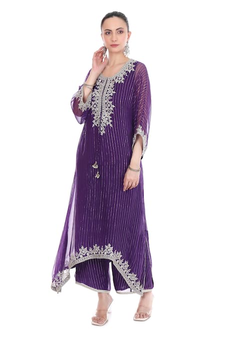 Shop_Tanu Malhotra_Purple Lurex, Shantoon Embroidery, Tassels Round Neck Kaftan Set _Online_at_Aza_Fashions