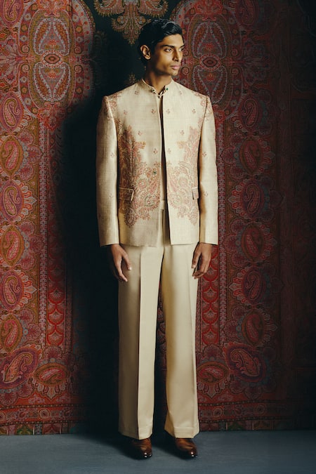 Dolly J Nocturne Kashida Raw Silk Bandhgala Jacket Set 