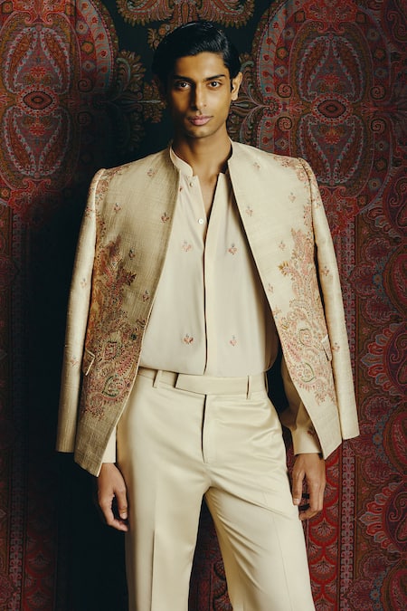 Dolly J Nocturne Kashida Raw Silk Bandhgala Jacket Set 