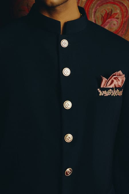 Dolly J_Blue Crepe Embroidery Verve Buttoned Bandhgala Set _Online_at_Aza_Fashions