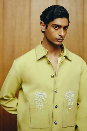 Buy_Dolly J_Ivory Cotton, Crepe, Georgette, Lycra The Verdant Embroidere Jacket Trouser Set _Online_at_Aza_Fashions