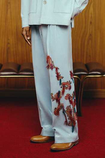 Dolly J_Blue Denim, Lycra Sequins Azure Reverie Jacket And Pant Set _Online_at_Aza_Fashions