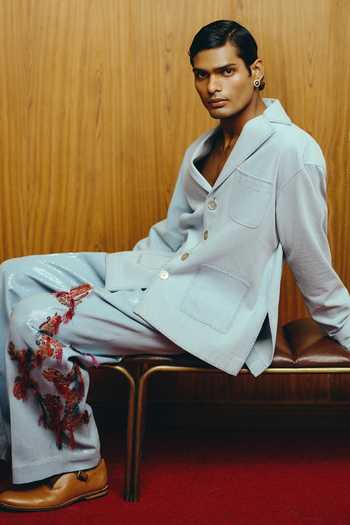 Shop_Dolly J_Blue Denim, Lycra Sequins Azure Reverie Jacket And Pant Set _Online_at_Aza_Fashions