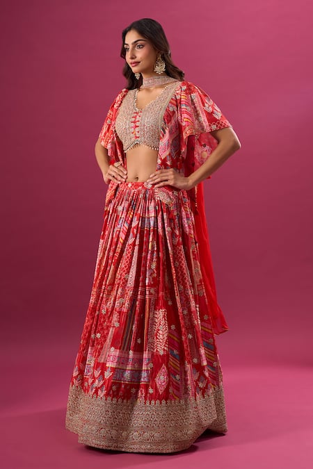 Shop_Samyukta Singhania_Red Silk, Chiffon, Polyester Zari, Embroidery, Beads, Multi Print Lehenga Set _Online_at_Aza_Fashions