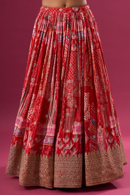 Buy_Samyukta Singhania_Red Silk, Chiffon, Polyester Zari, Embroidery, Beads, Multi Print Lehenga Set 