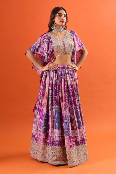 Samyukta Singhania Printed Ruffle Sleeve Blouse Lehenga Set 