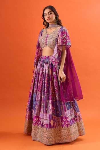 Samyukta Singhania_Purple Silk, Chiffon, Polyester Zari Printed Ruffle Sleeve Blouse Lehenga Set _at_Aza_Fashions