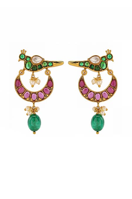 Prestones Bird Motif Brass Danglers With Pearl Drops 