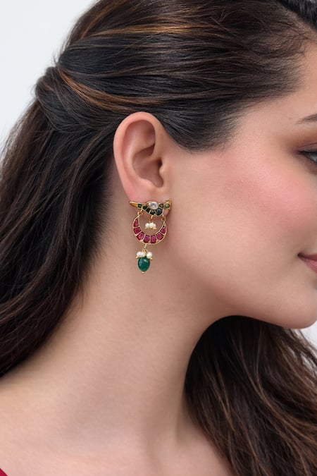 Prestones Bird Motif Brass Danglers With Pearl Drops 