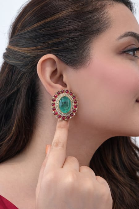 Prestones Gold Finished Brass Stud Earrings with Emerald & Ruby 