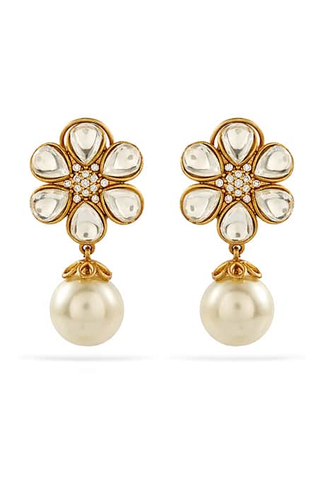 Prestones Polki Pearl Brass Drop Earrings 
