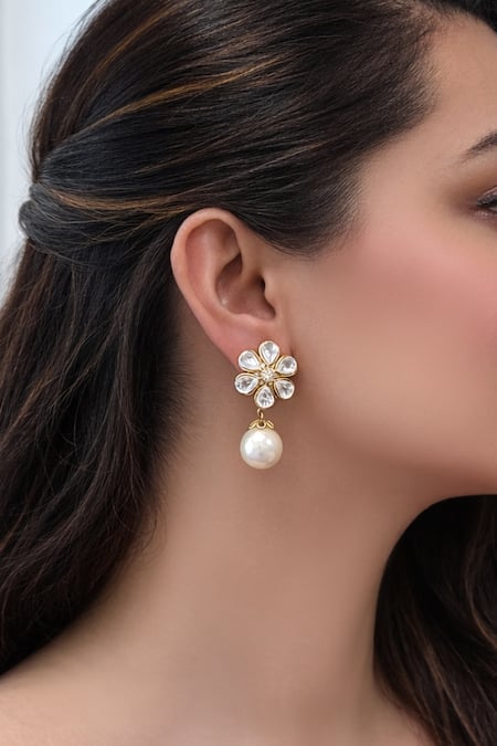 Prestones Polki Pearl Brass Drop Earrings 