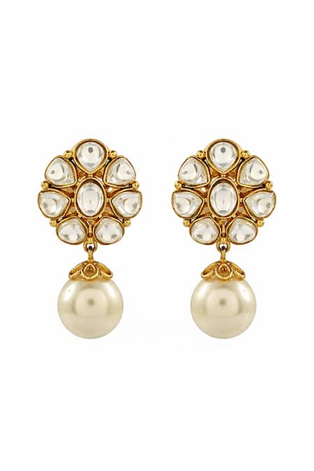 Prestones Polki Brass Earrings with Pearl Drop Pair 