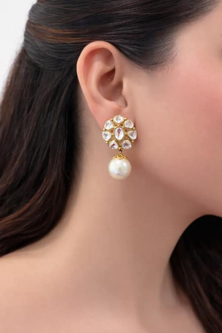 Prestones Polki Brass Earrings with Pearl Drop Pair 