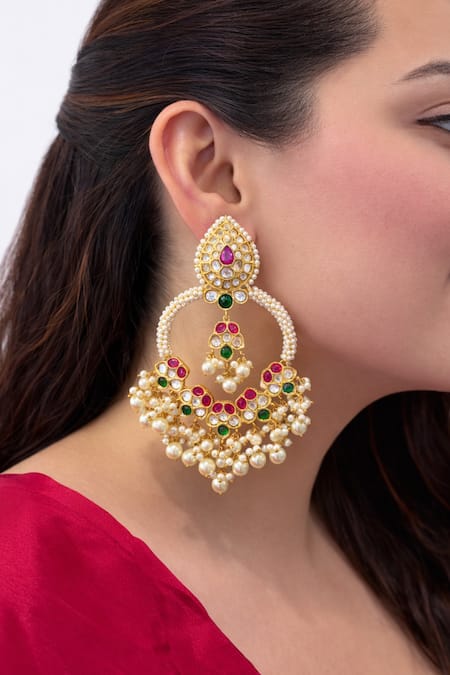 Prestones Polki Pearl Chandbali Earrings Gold-Finish Brass Pair 