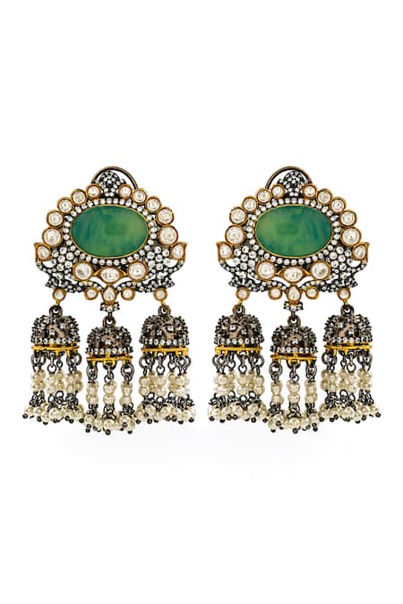 Prestones Brass Green Stone Pearl Drop Earrings Pair 