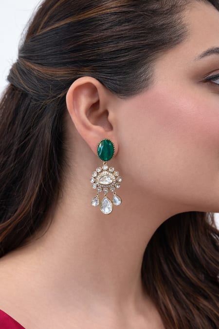 Prestones Brass Earrings With Green Stone And Crystal Drops 