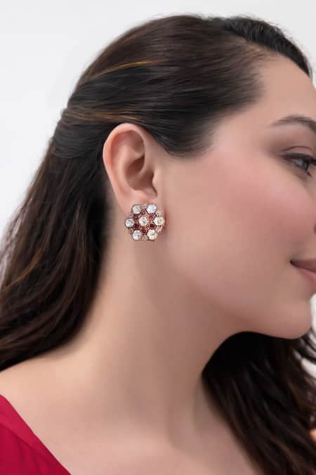 Prestones Floral Cluster Polki-Style Gold-Finished Brass Stud Earrings 