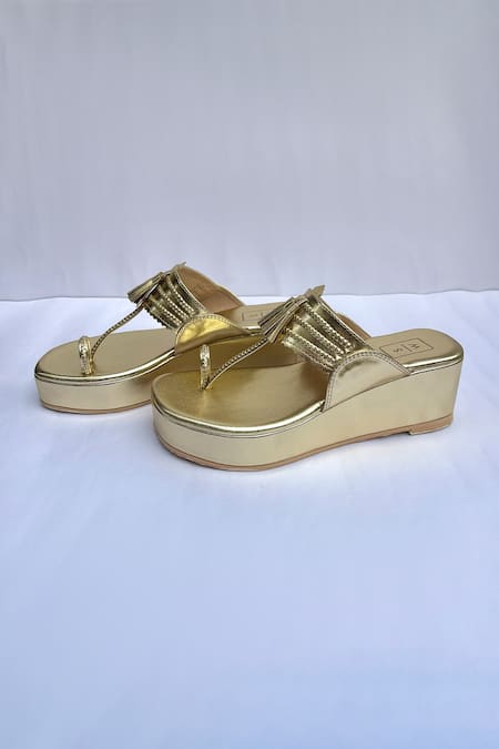 Sandalwali Kumari Poo Vegan Leather Gold Kolhapuri Wedges 