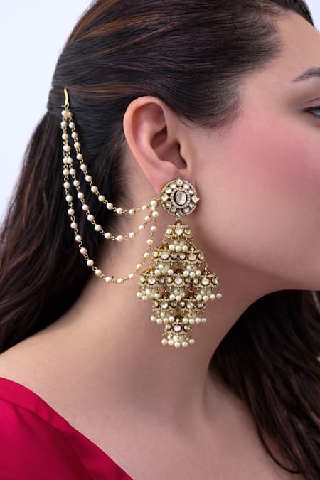 Prestones Polki Brass Jhumar Earrings with Ear Chain 