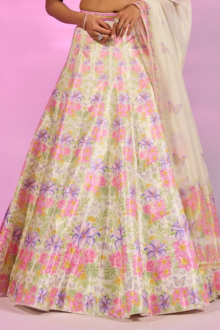 Shop_Label Priyanka Kar_Yellow Satin Embroidery, Crystals Sweetheart Neck Flower Print Lehenga Set _Online_at_Aza_Fashions