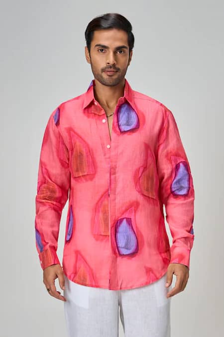 Honey&Me Coral Splash Linen Button Down Shirt 