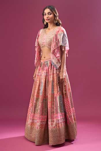 Samyukta Singhania Beige Silk, Chiffon Zari, Tassels V-neck Printed Lehenga Set With Choker Dupatta at Aza Fashions Samyukta Singhania_Beige Silk, Chiffon Zari, Tassels V-neck Printed Lehenga Set With Choker Dupatta _at_Aza_Fashions