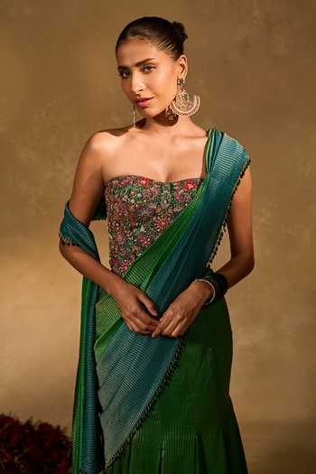 Chamee & Palak_Blue Silk, Tissue Sequins, Beads, Zari Asma Ombre Pre-draped Saree With Corset _Online_at_Aza_Fashions