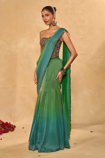 Buy_Chamee & Palak_Blue Silk, Tissue Sequins, Beads, Zari Asma Ombre Pre-draped Saree With Corset _Online_at_Aza_Fashions